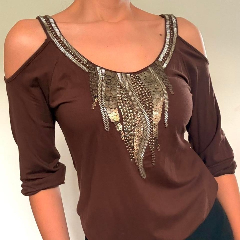 2000s Brown Beaded Cold Shoulder Top